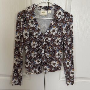 Maeve Floral Ruched Button-Front Blouse in Blue, Brown & White